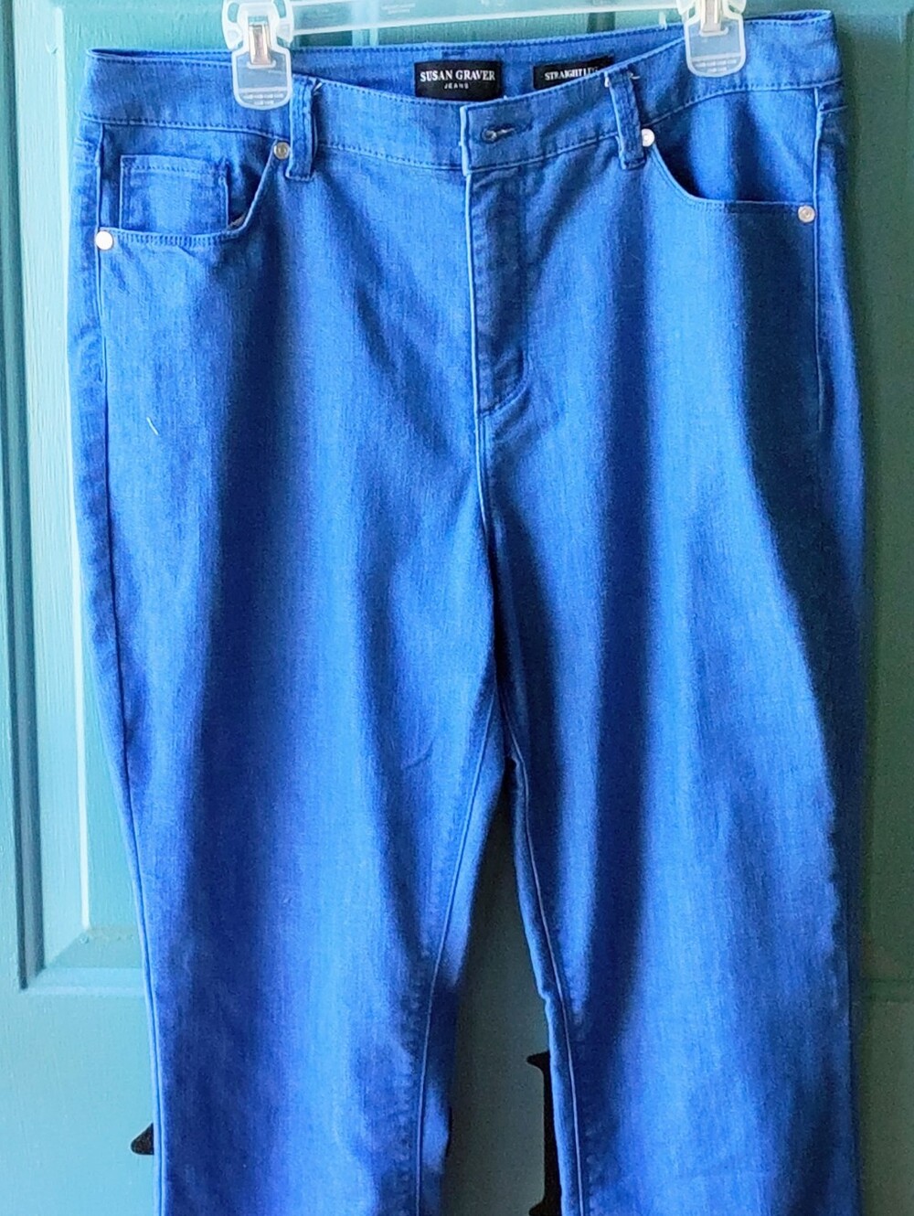 Susan Graver Women’s Mid Rise Stretch Straight Leg Denim Jeans